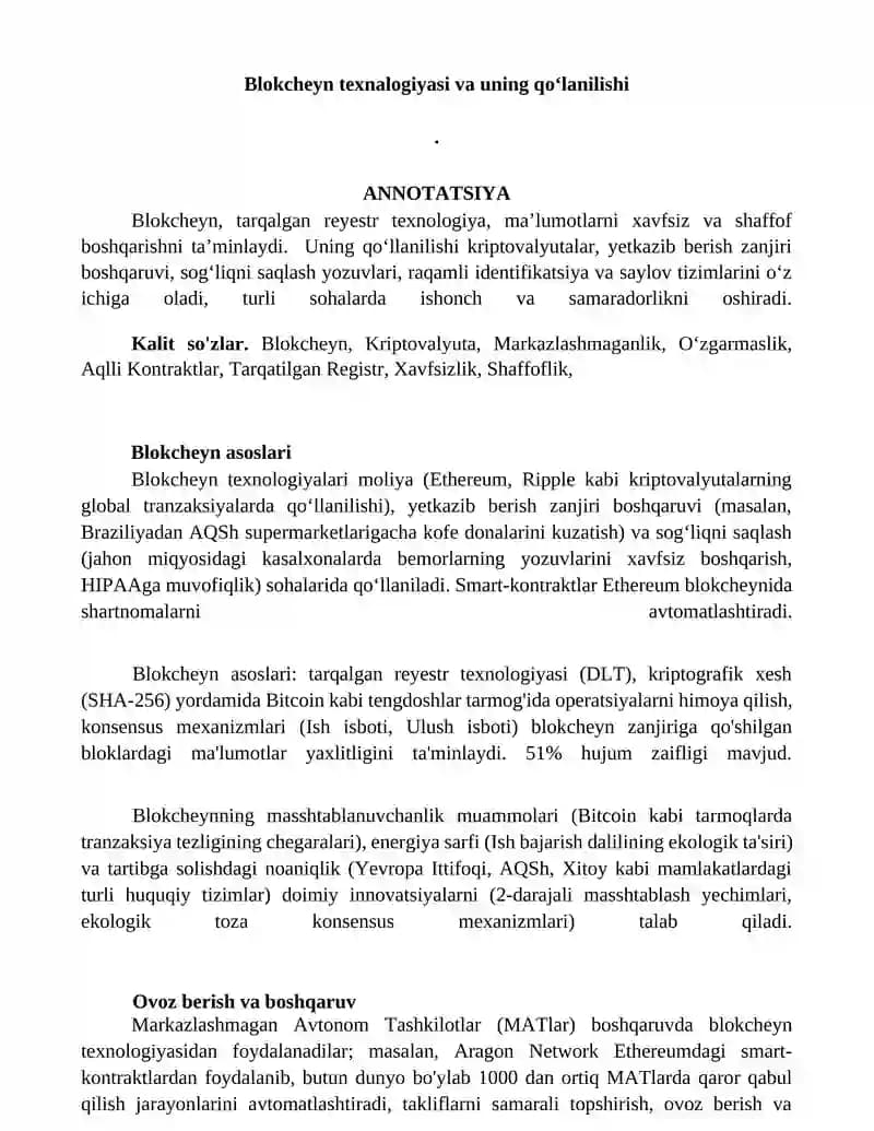 Blokcheyn texnalogiyasi va uning qoʻlanilishi