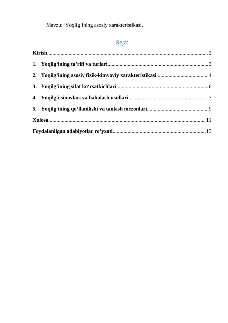 Yoqilgʻining asosiy harakteristikasi