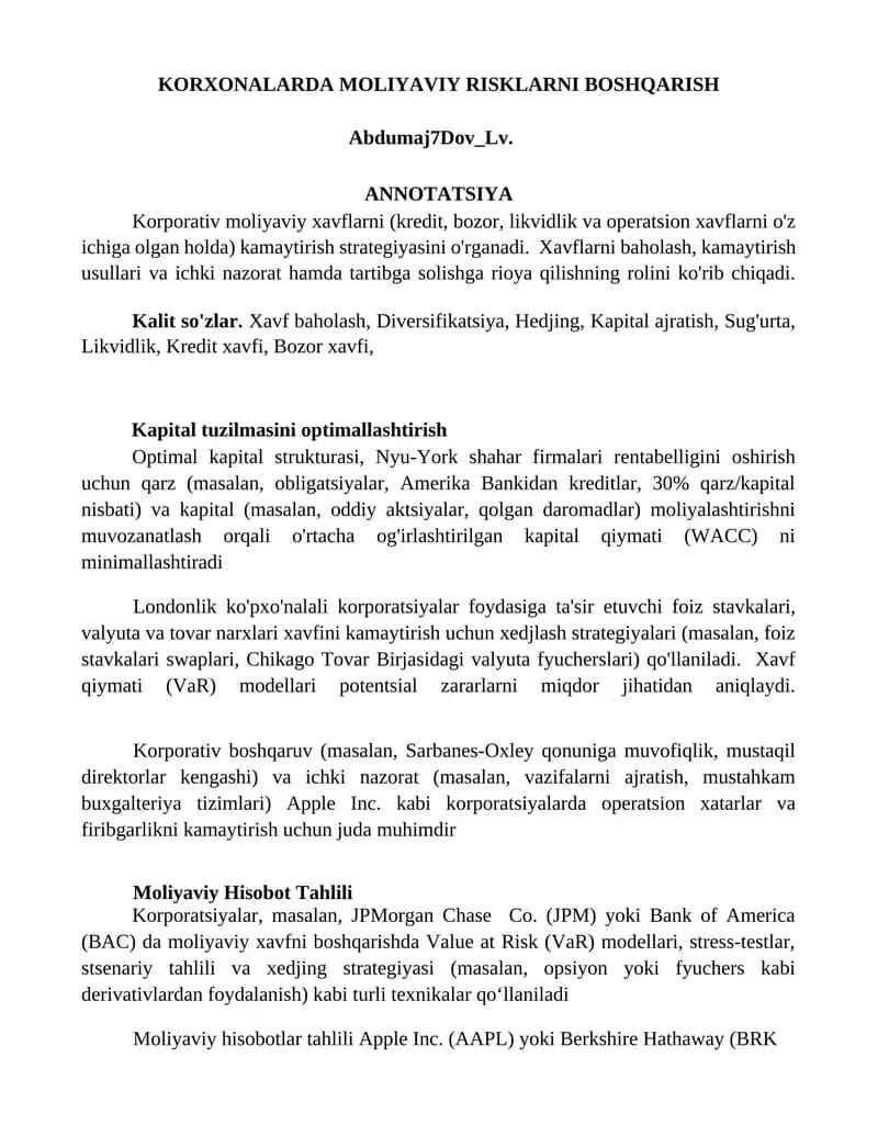 KORXONALARDA MOLIYAVIY RISKLARNI BOSHQARISH