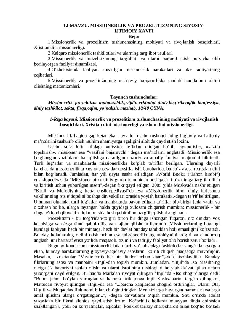 Missionerlik va Prozelitizmning Siyosiy-Ijtimoiy Xavfi