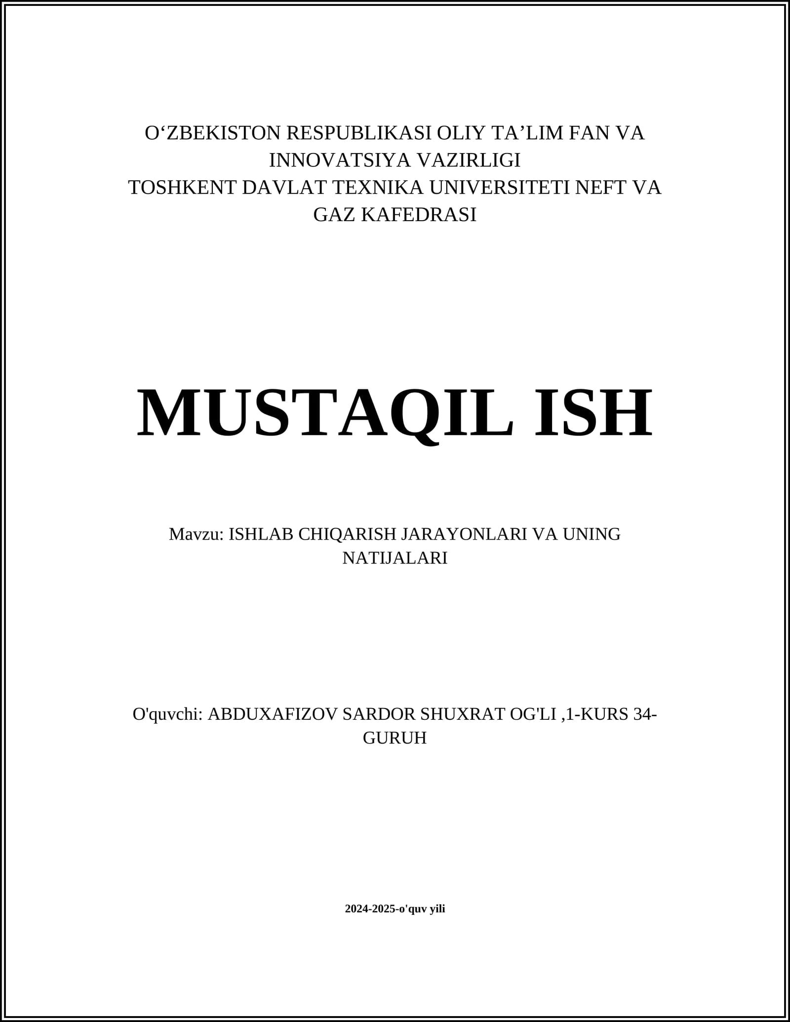 ISHLAB CHIQARISH JARAYONLARI VA UNING NATIJALARI