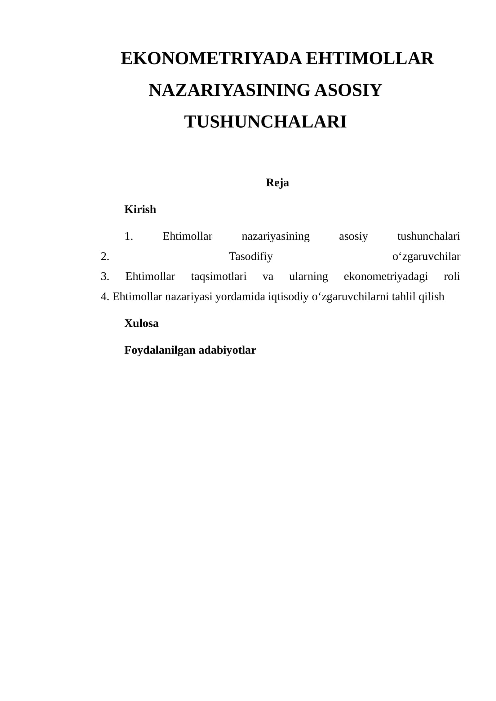 EKONOMETRIYADA EHTIMOLLAR NAZARIYASINING ASOSIY TUSHUNCHALARI