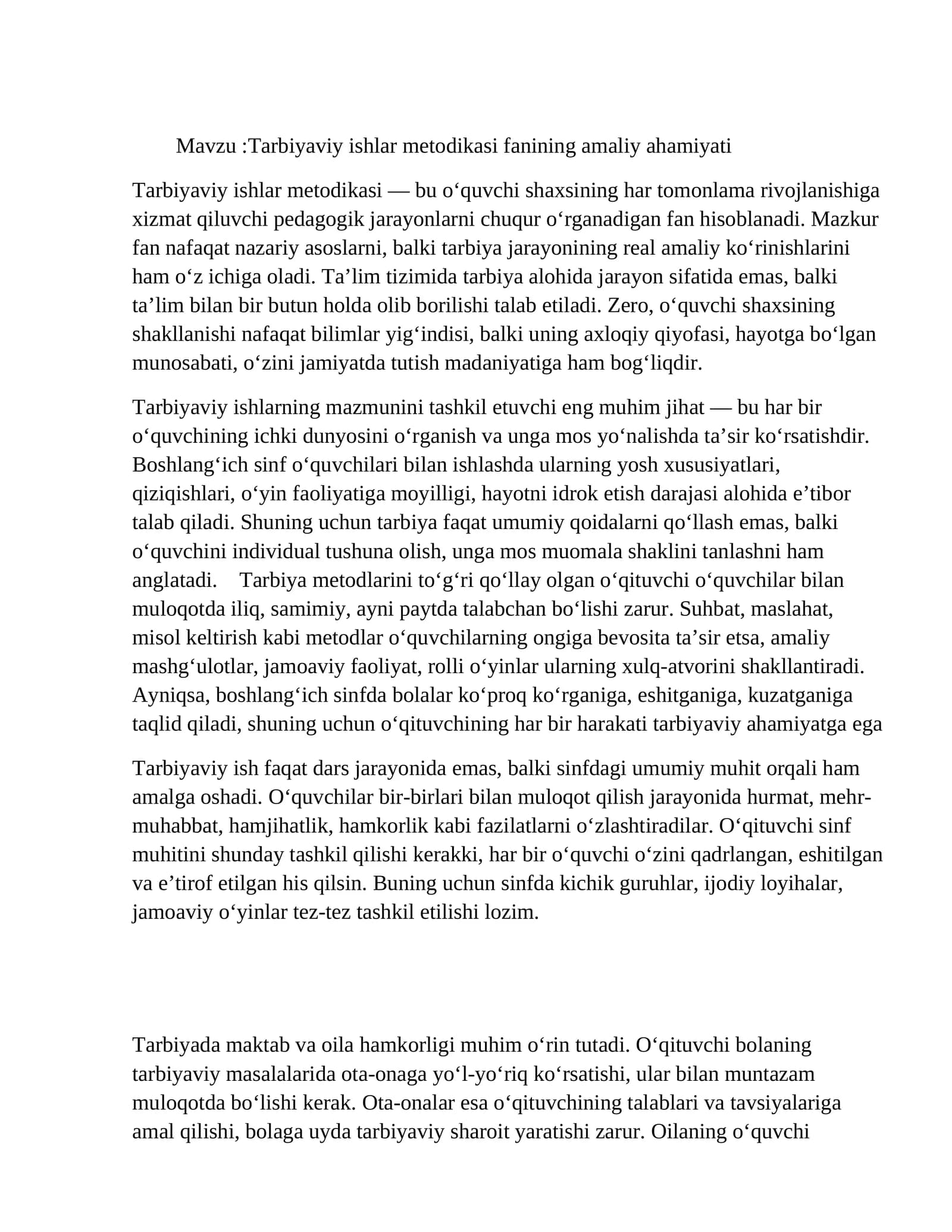 Tarbiyaviy ishlar metodikasi fanining amaliy ahamiyati
