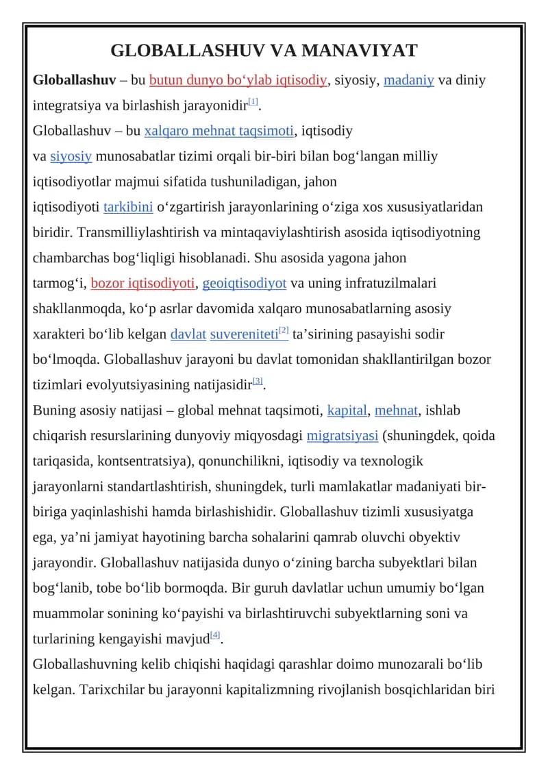 Globallashuv VA MANAVIYAT