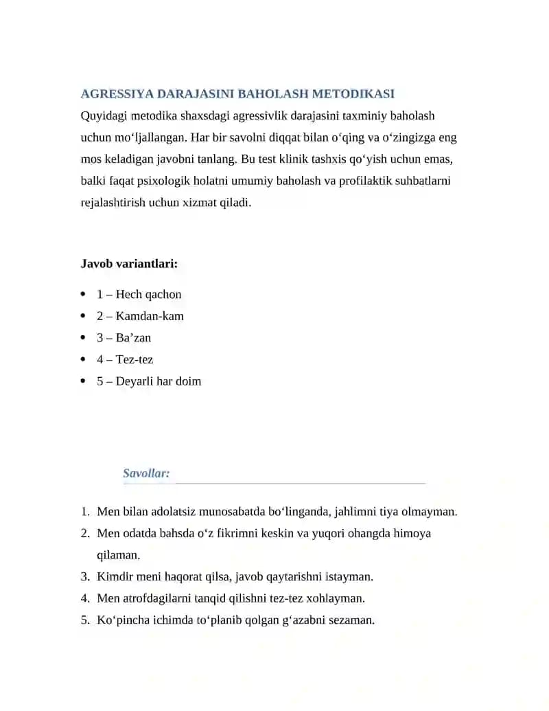 AGRESSIYA DARAJASINI BAHOLASH METODIKASI