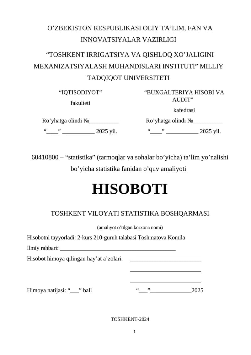 Statistika fanidan o’quv amaliyoti