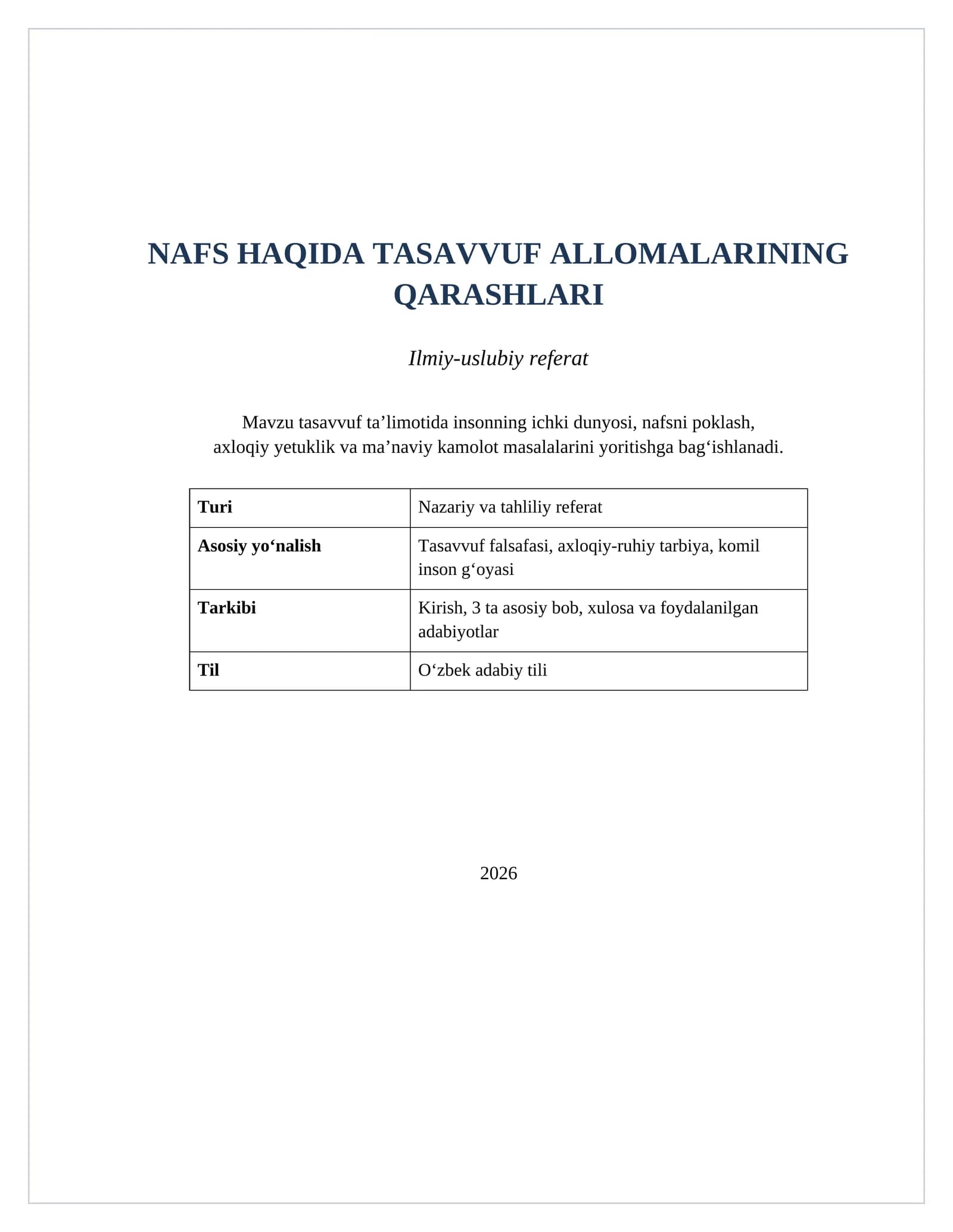 NAFS HAQIDA TASAVVUF ALLOMALARINING QARASHLARI