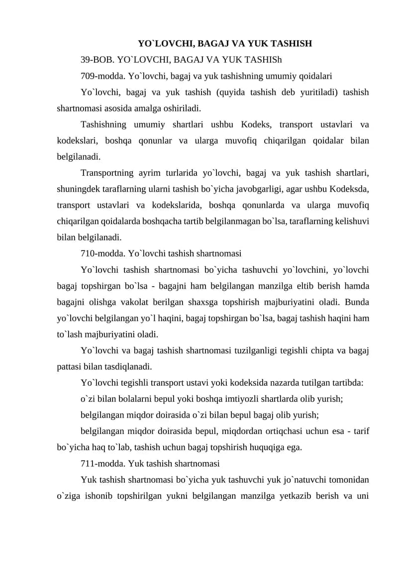 Yo`lovchi, bagaj va yuk tashish