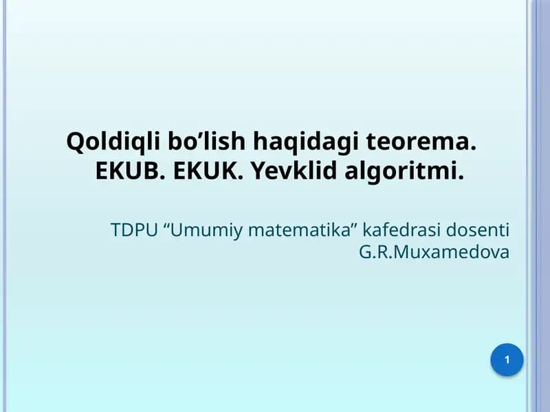 Qoldiqli bo’lish haqidagi teorema