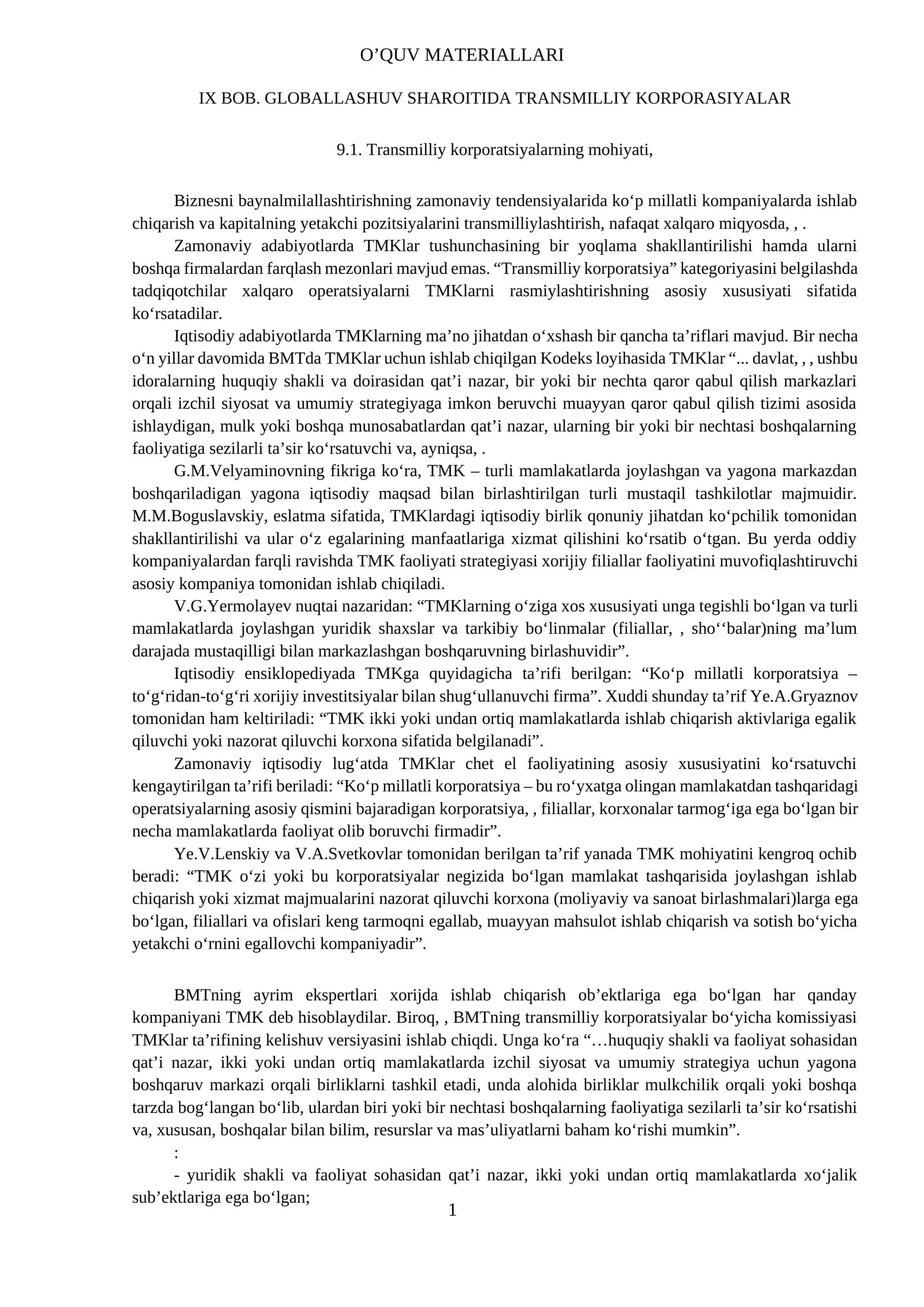 Transmilliy korporatsiyalar haqida o'quv material