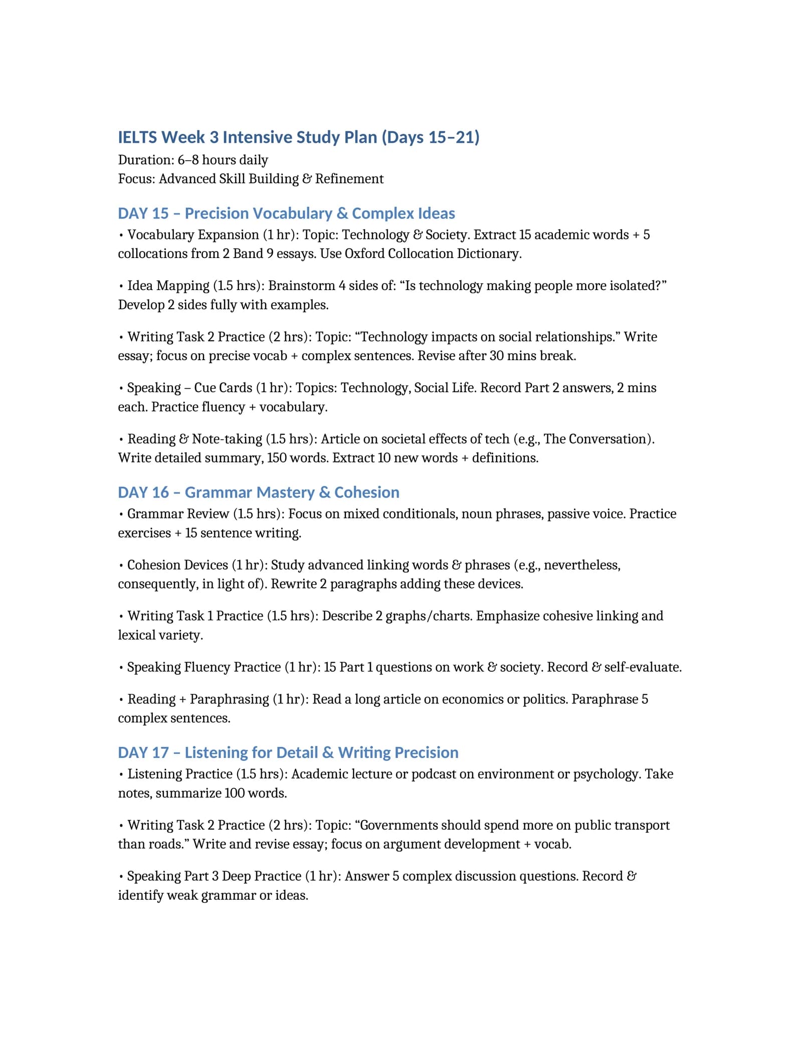 IELTS Week 3 Intensive Study Plan (Days 15–21)