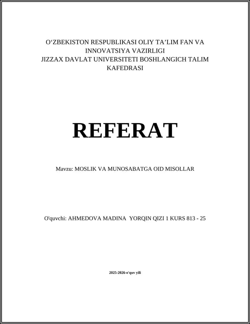 MOSLIK VA MUNOSABATGA OID MISOLLAR