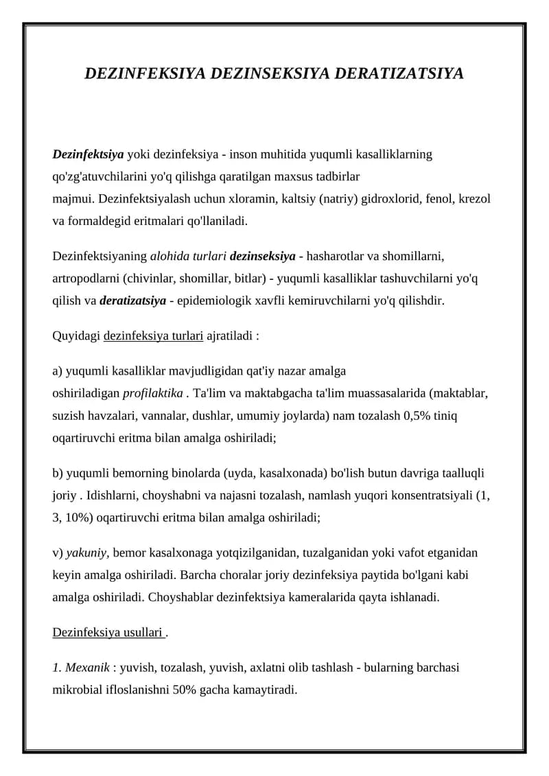 DEZINFEKSIYA DEZINSEKSIYA DERATIZATSIYA