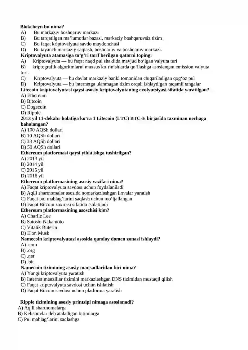 Informatika va AKT fanidan yakuniy bosqichda tushadigan savollar. va javoblari bilan.