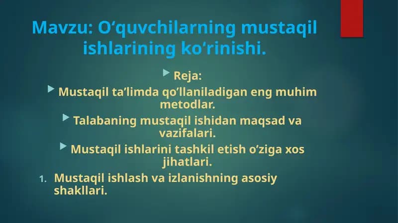 Oʻquvchilarning mustaqil ishlarining koʻrinishi