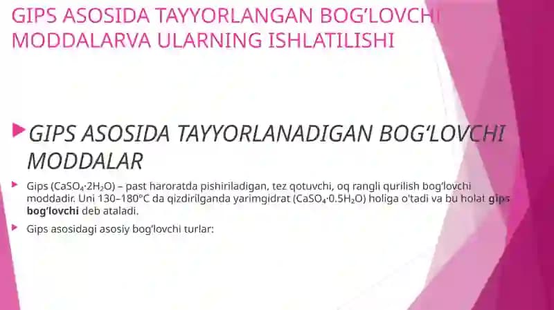 Gips asosida tayyorlangan bog‘lovchi moddalar