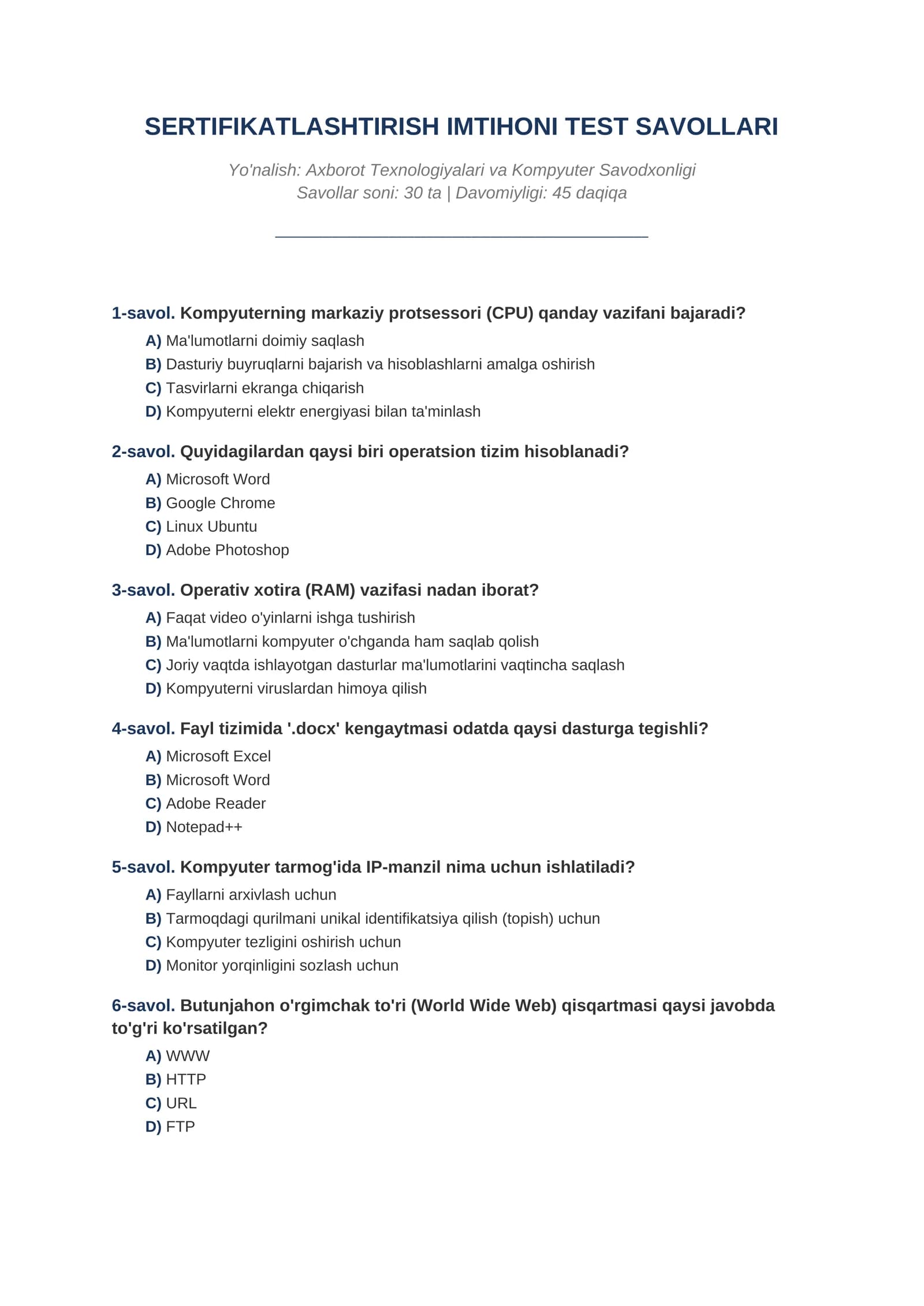 SERTIFIKATLASHTIRISH IMTIHONI TEST SAVOLLARI