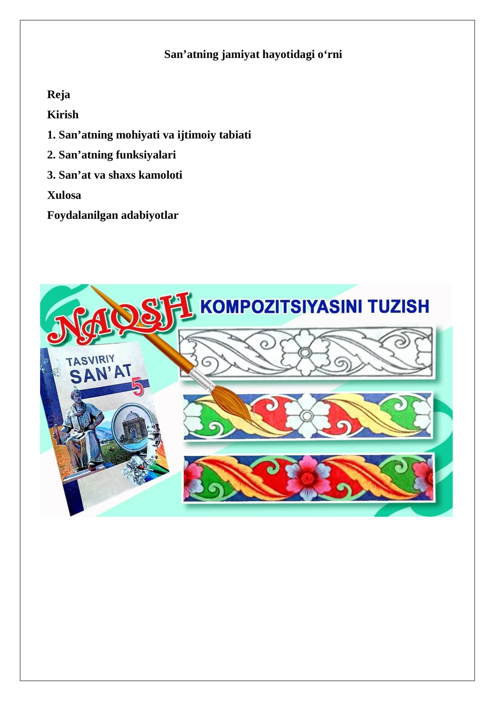 San’atning jamiyat hayotidagi o‘rni