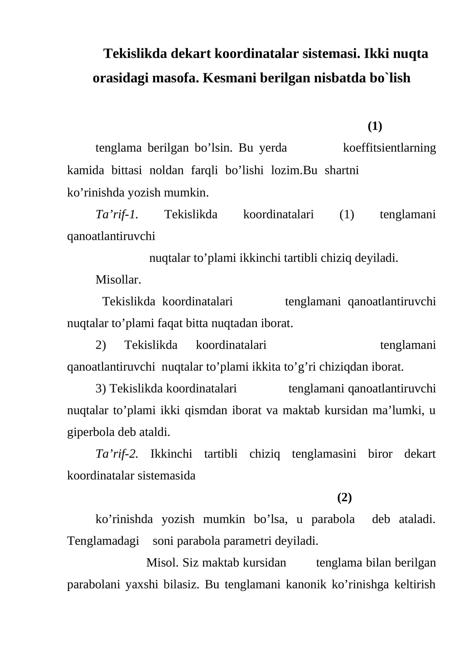 Tekislikda dekart koordinatalar sistemasi