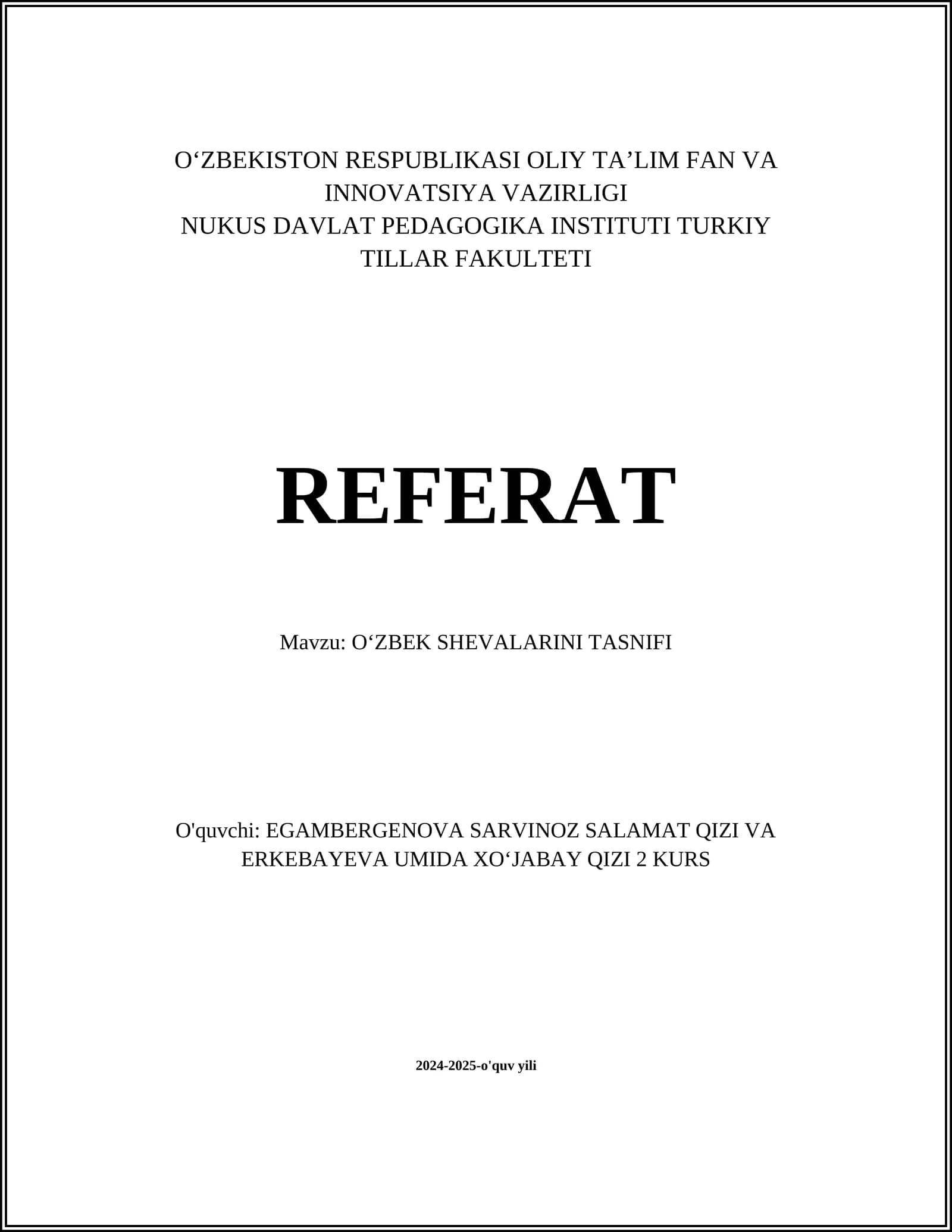 OʻZBEK SHEVALARINI TASNIFI