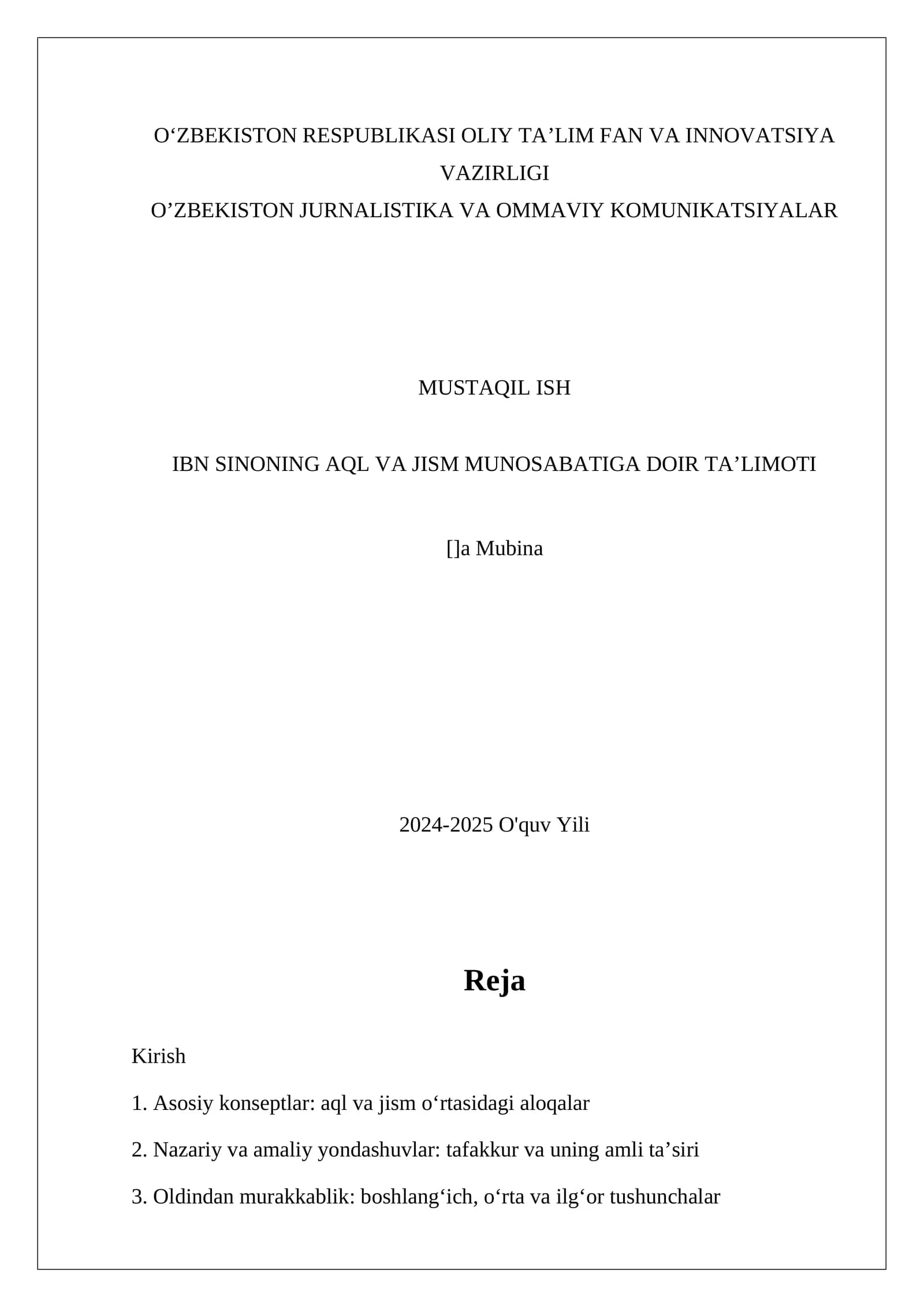 IBN SINONING AQL VA JISM MUNOSABATIGA DOIR TA’LIMOTI