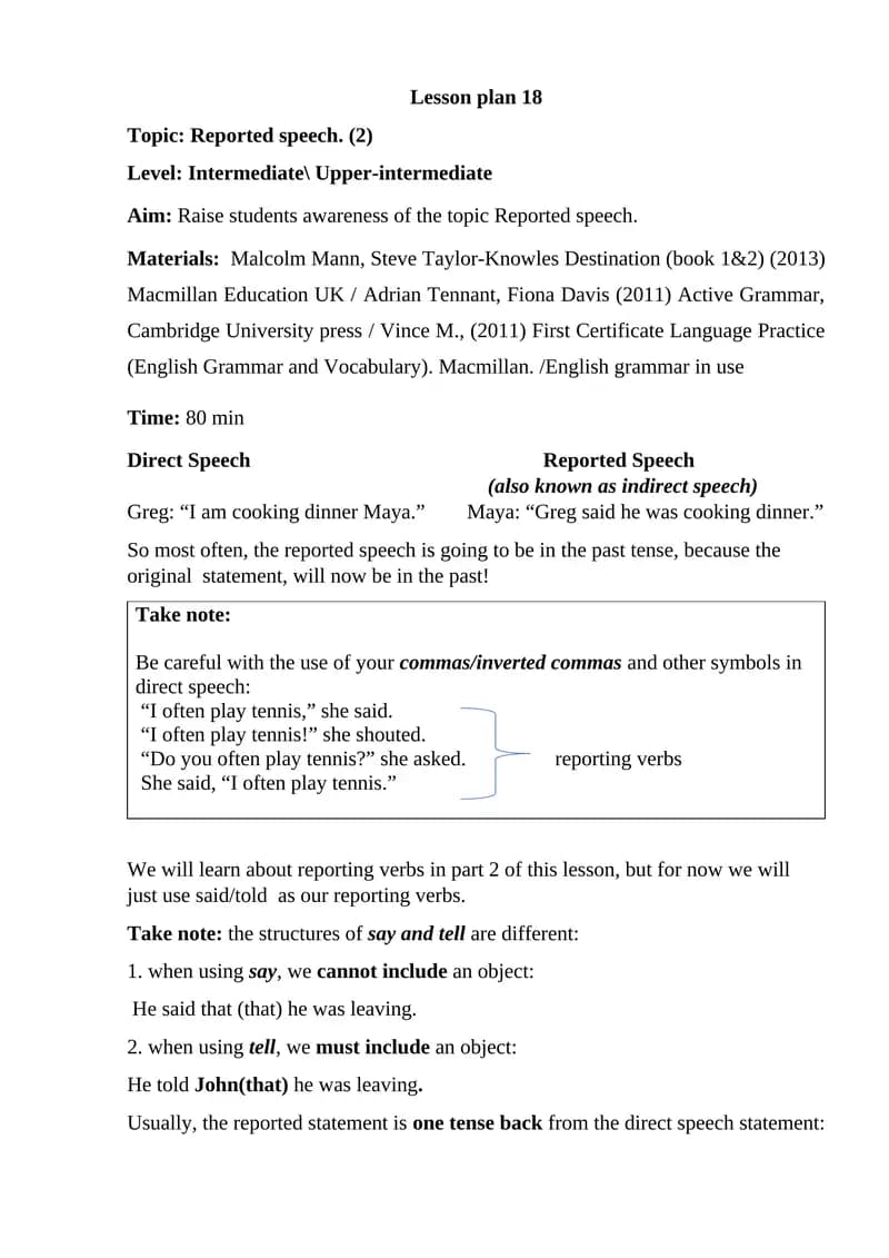 Reported speech lesson plan