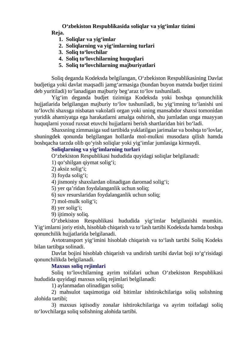 Soliqlar va yig'imlar tizimi
