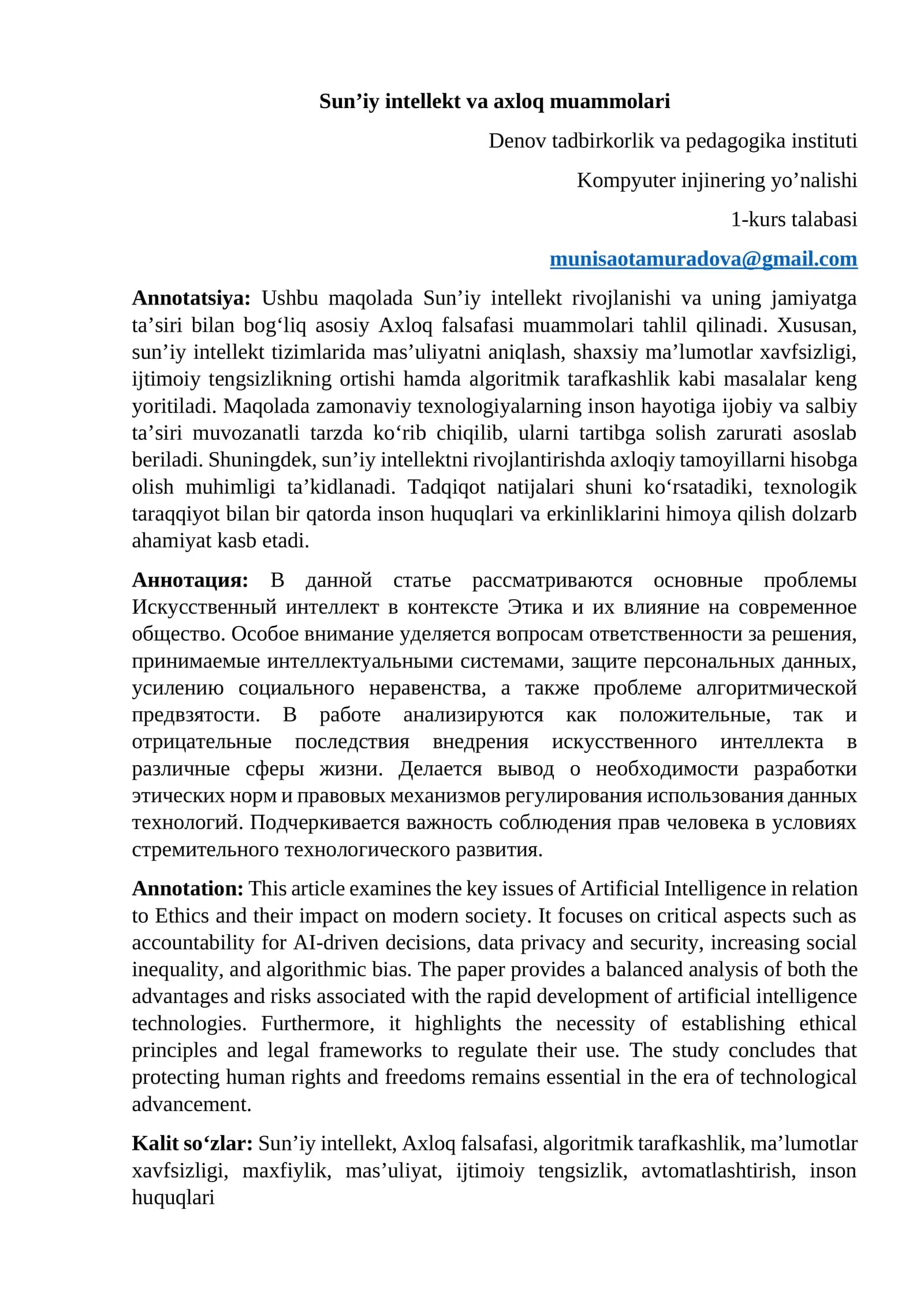 Sun’iy intellekt va axloq muammolari