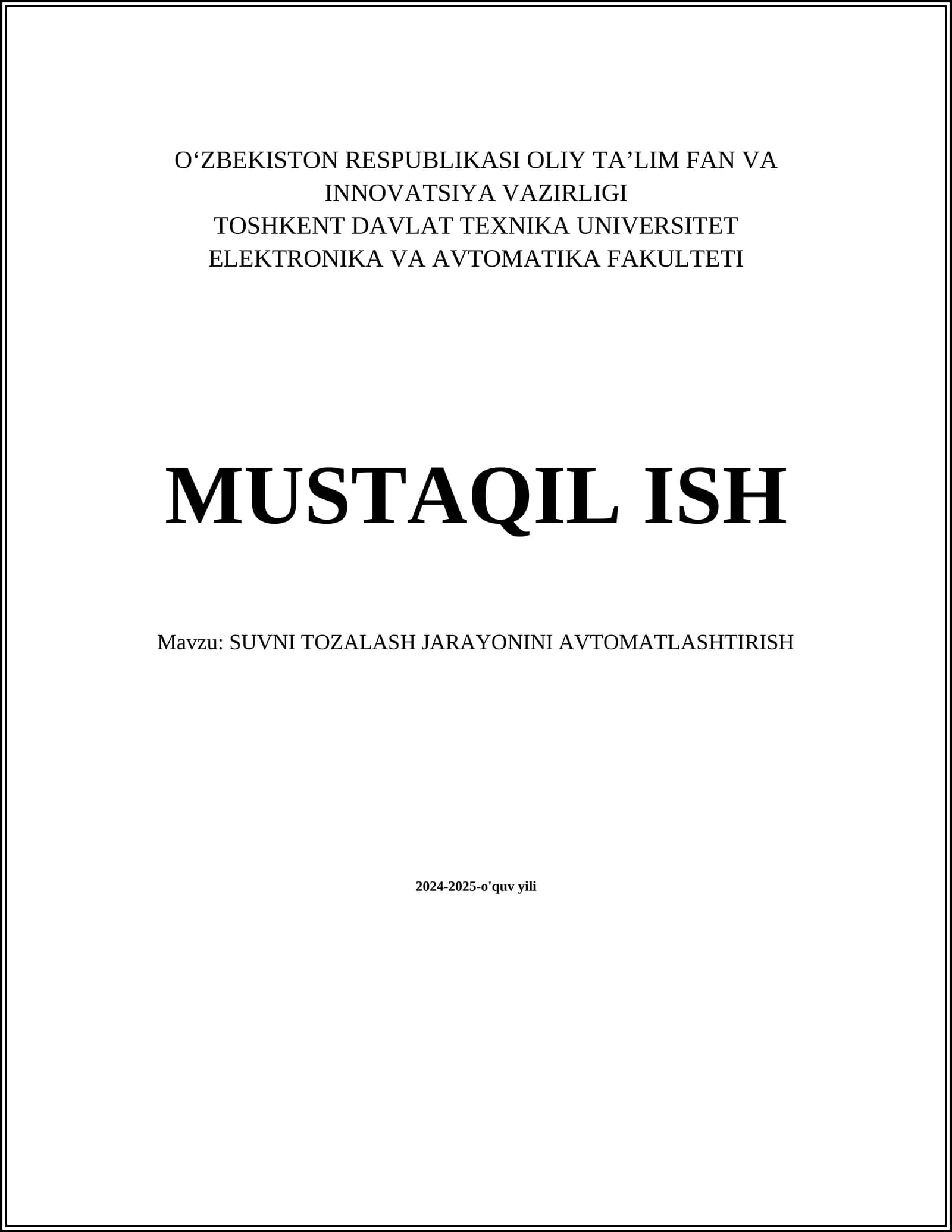 SUVNI TOZALASH JARAYONINI AVTOMATLASHTIRISH
