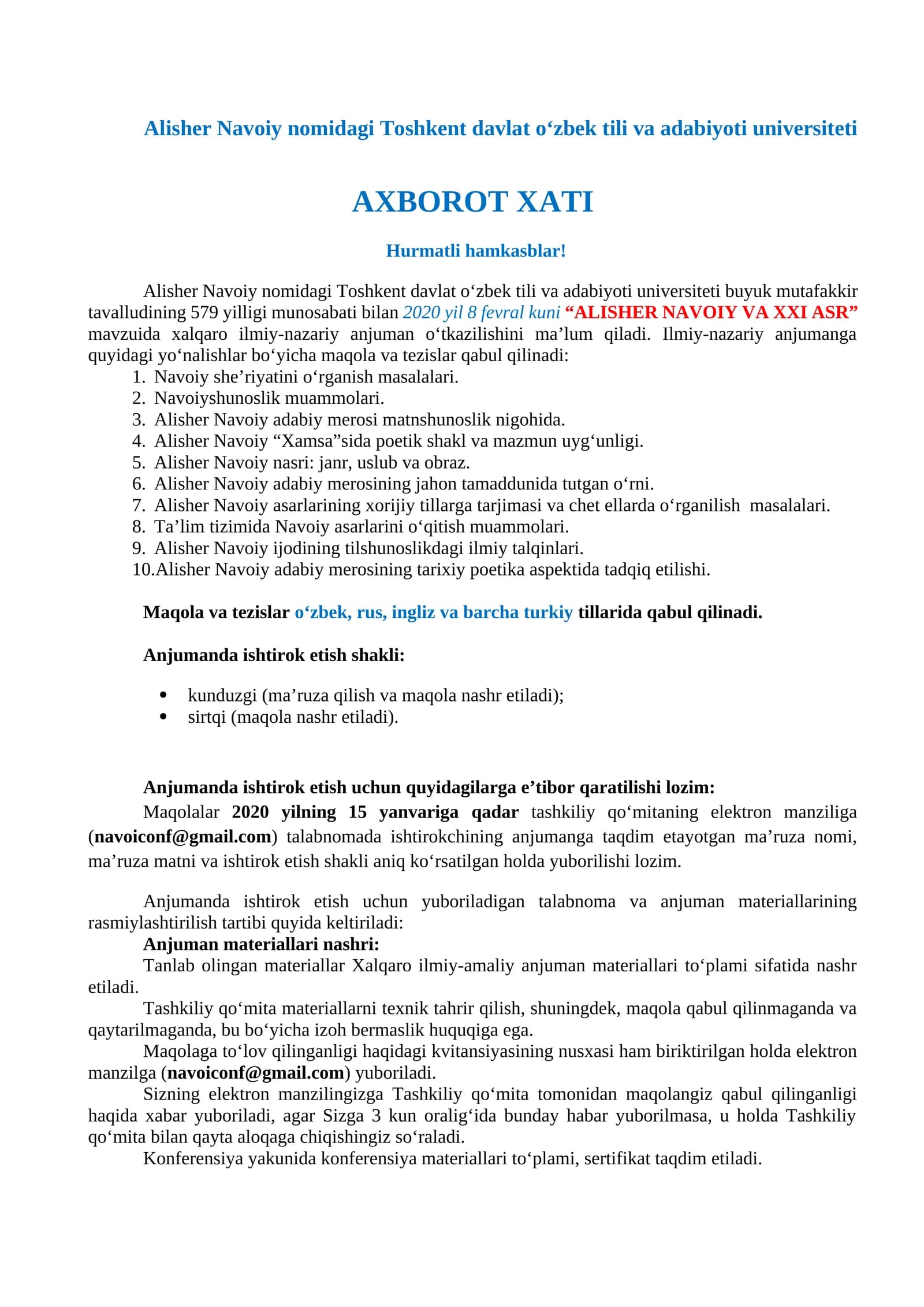 ALISHER NAVOIY VA XXI ASR