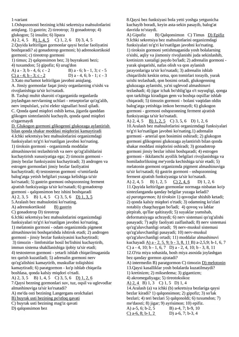 Ichki Sekretsiya Bezi Mahsulotlari Test