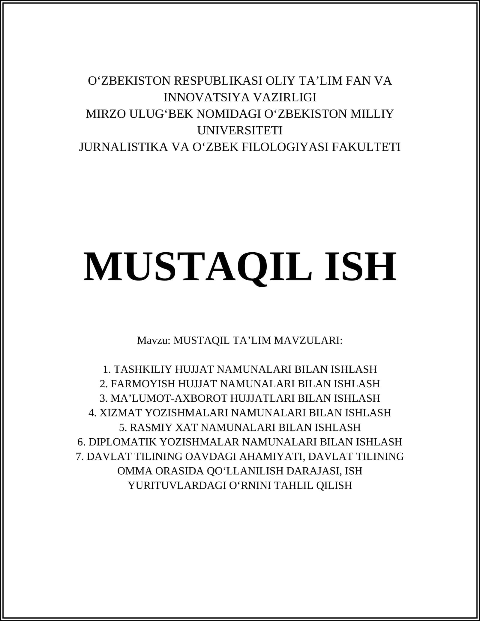 MUSTAQIL TA’LIM MAVZULARI
