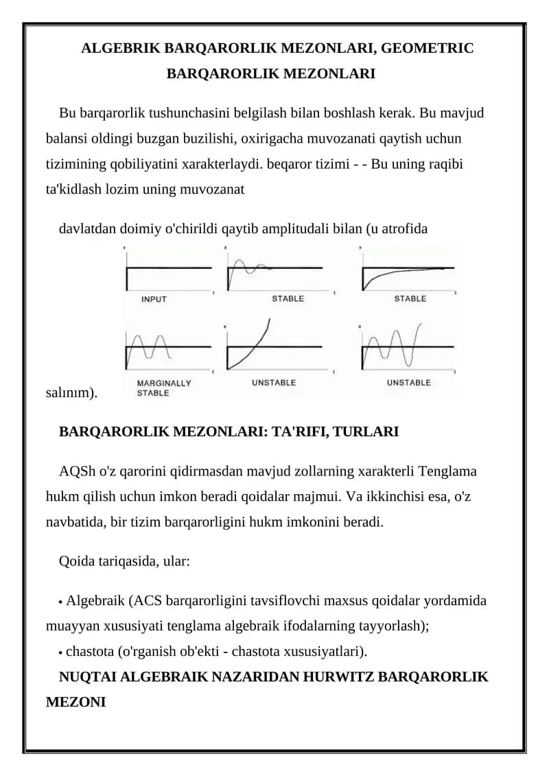 ALGEBRIK BARQARORLIK MEZONLARI