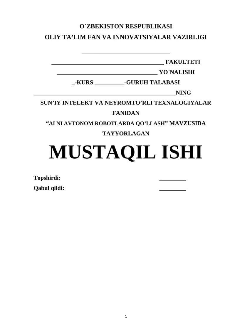 AI NI AVTONOM ROBOTLARDA QO’LLASH