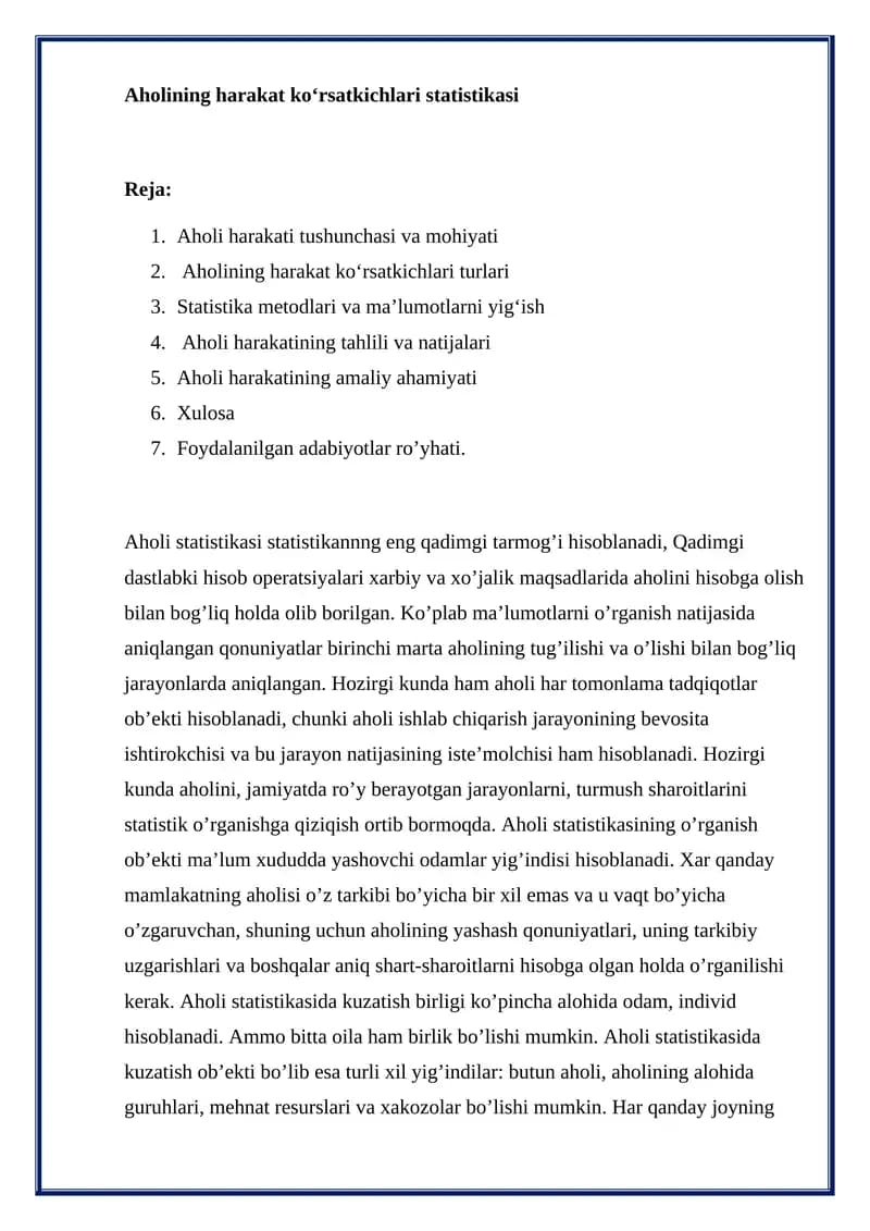 Aholining harakat koʻrsatkichlari statistikasi