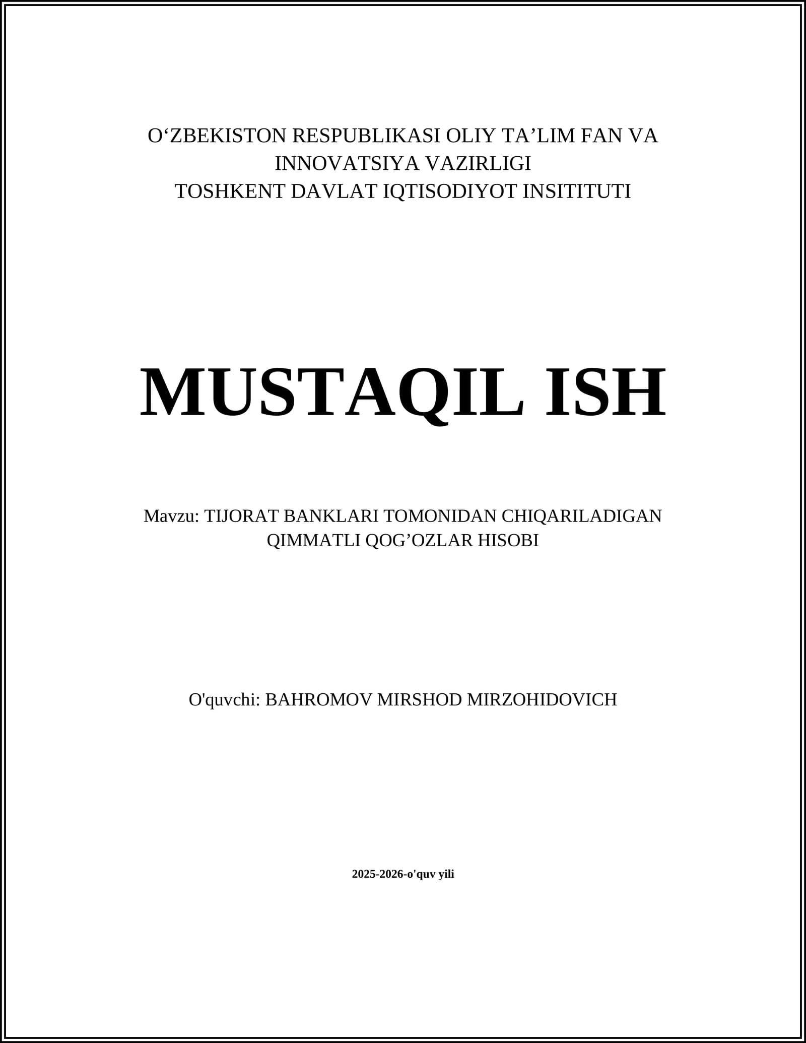 TIJORAT BANKLARI TOMONIDAN CHIQARILADIGAN QIMMATLI QOG’OZLAR HISOBI