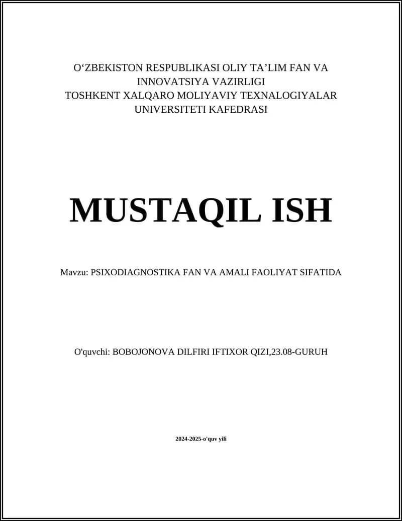 PSIXODIAGNOSTIKA FAN VA AMALI FAOLIYAT SIFATIDA