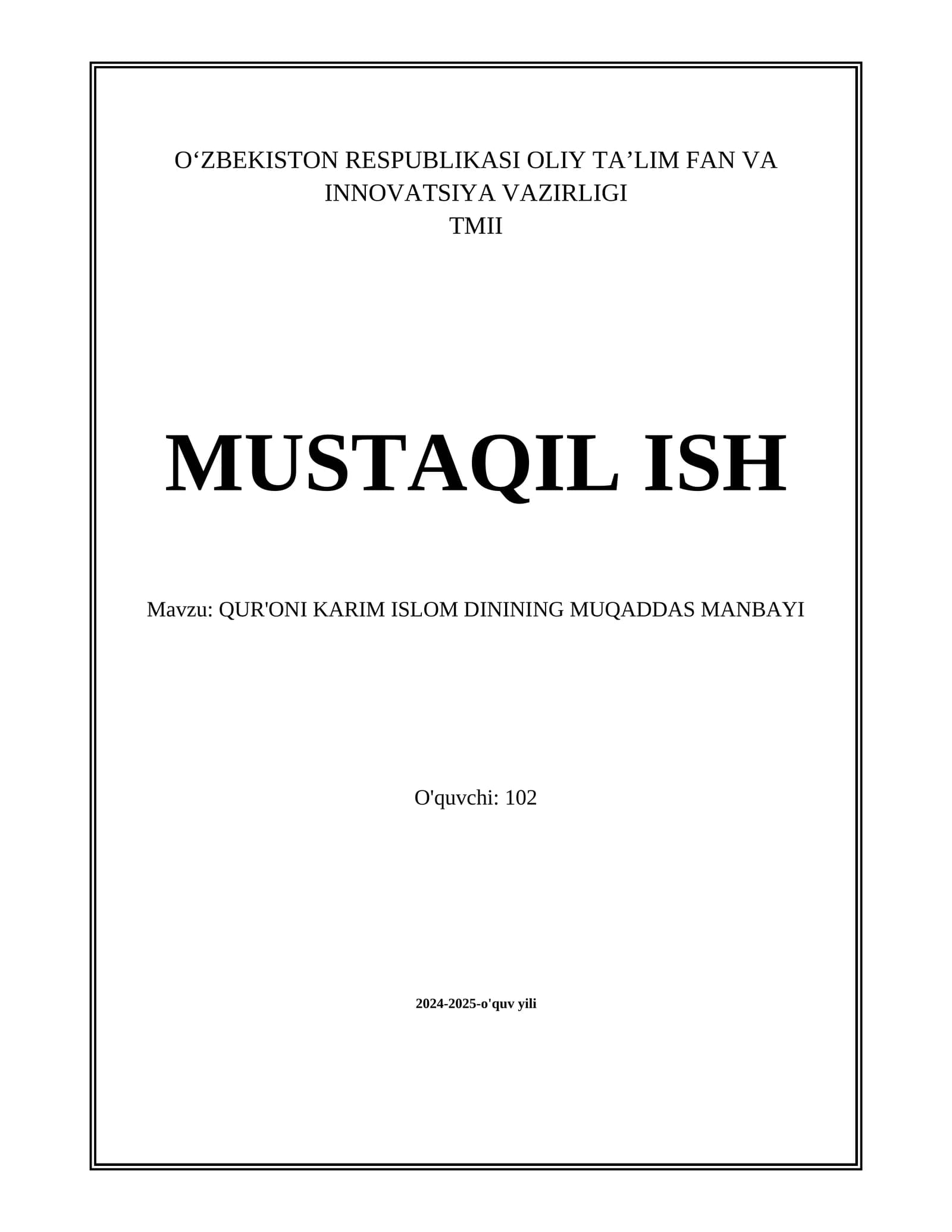 QUR'ONI KARIM ISLOM DININING MUQADDAS MANBAYI
