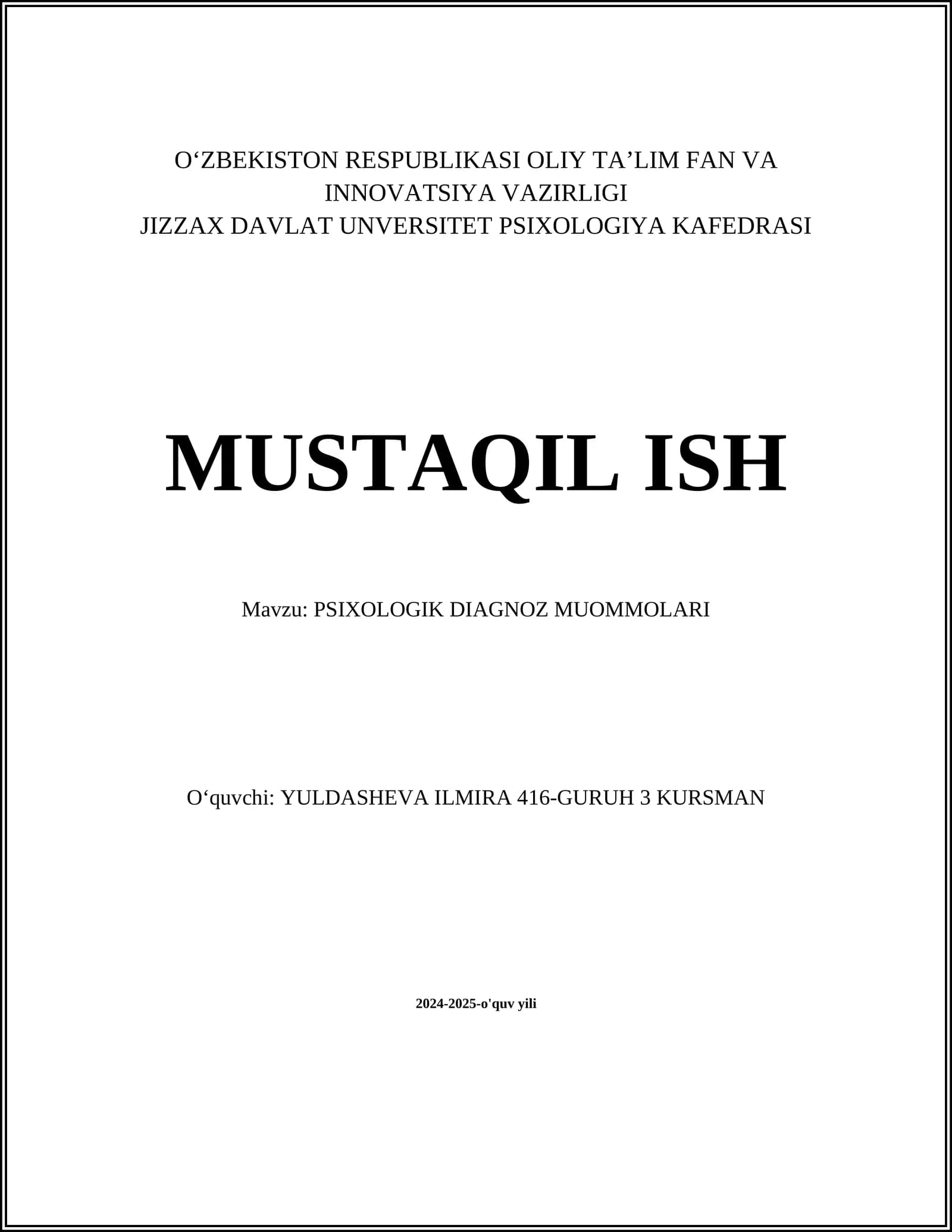 PSIXOLOGIK DIAGNOZ MUOMMOLARI