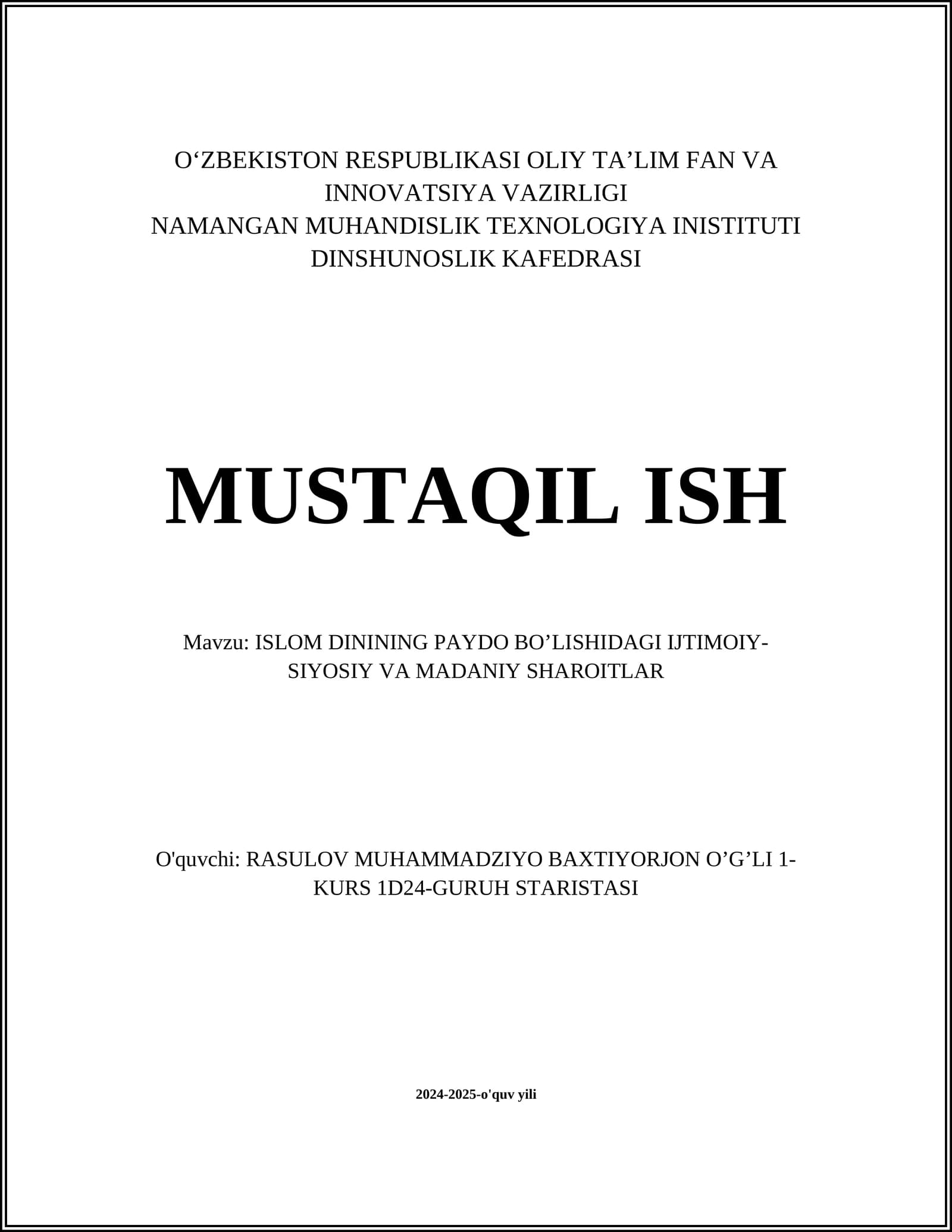 ISLAM DININING KELIB CHIQISHI VA TARIXI