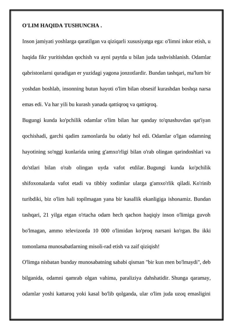 O'LIM HAQIDA TUSHUNCHA