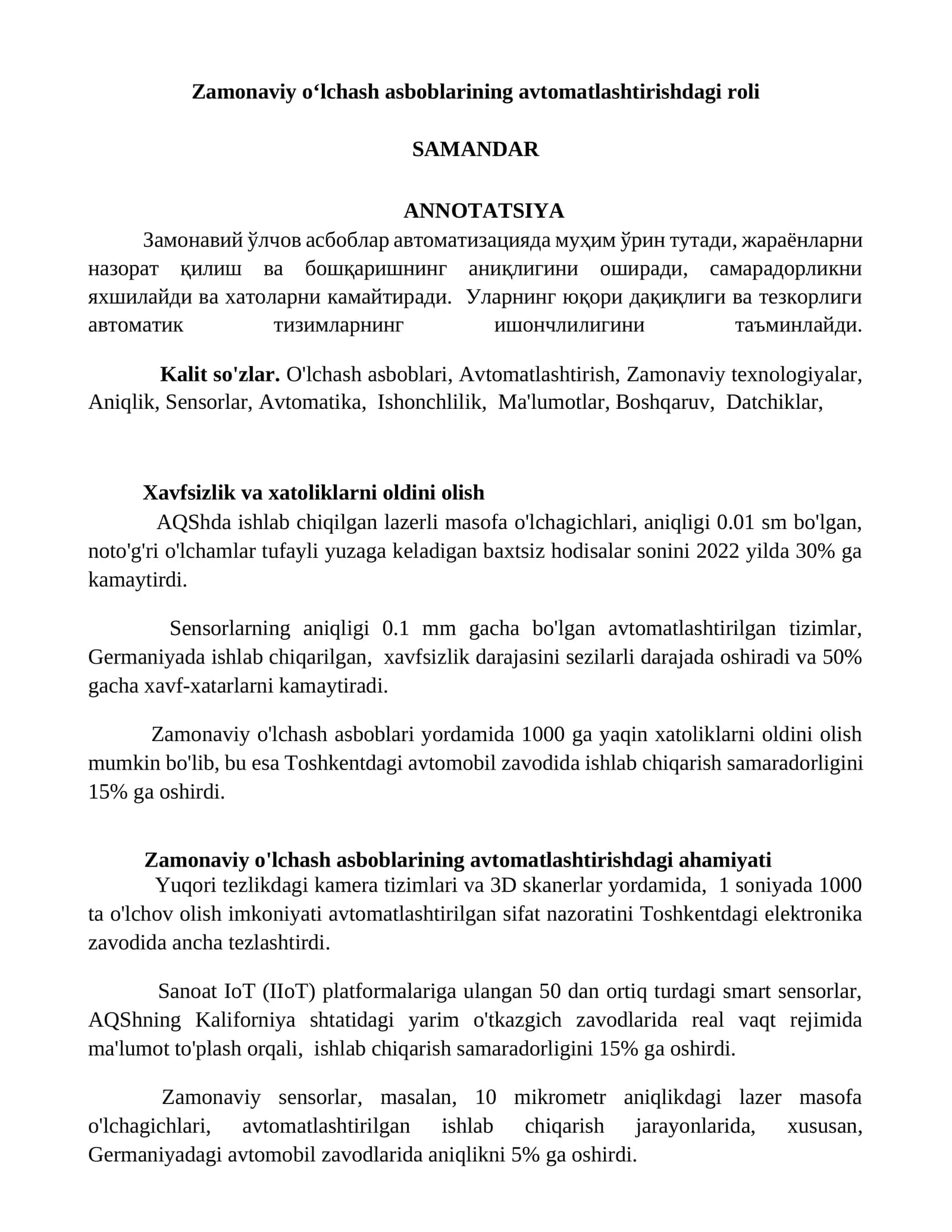 Zamonaviy o‘lchash asboblarining avtomatlashtirishdagi roli