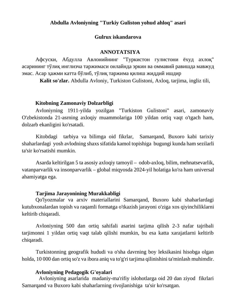 "Turkiston Gulistoni yohud ahloq"