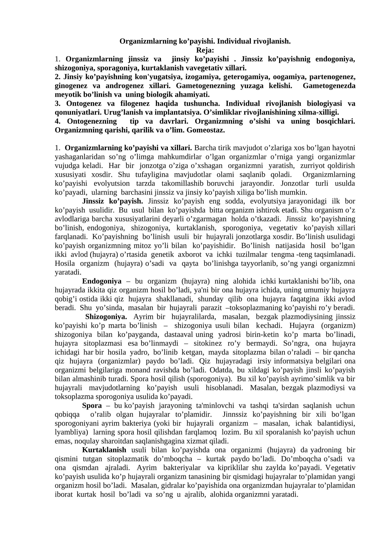 Organizmlarning ko’payishi. Individual rivojlanish