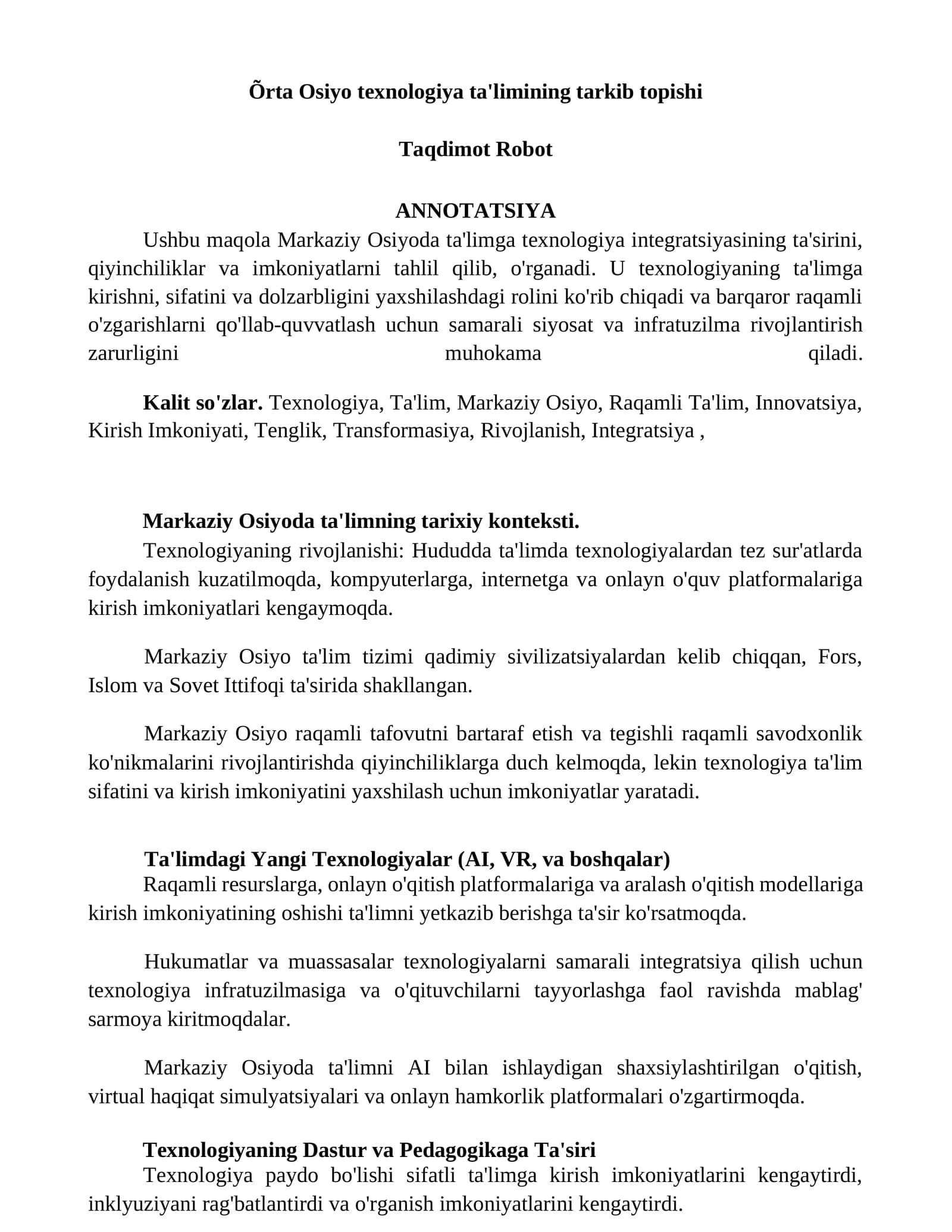Õrta Osiyo texnologiya ta'limining tarkib topishi