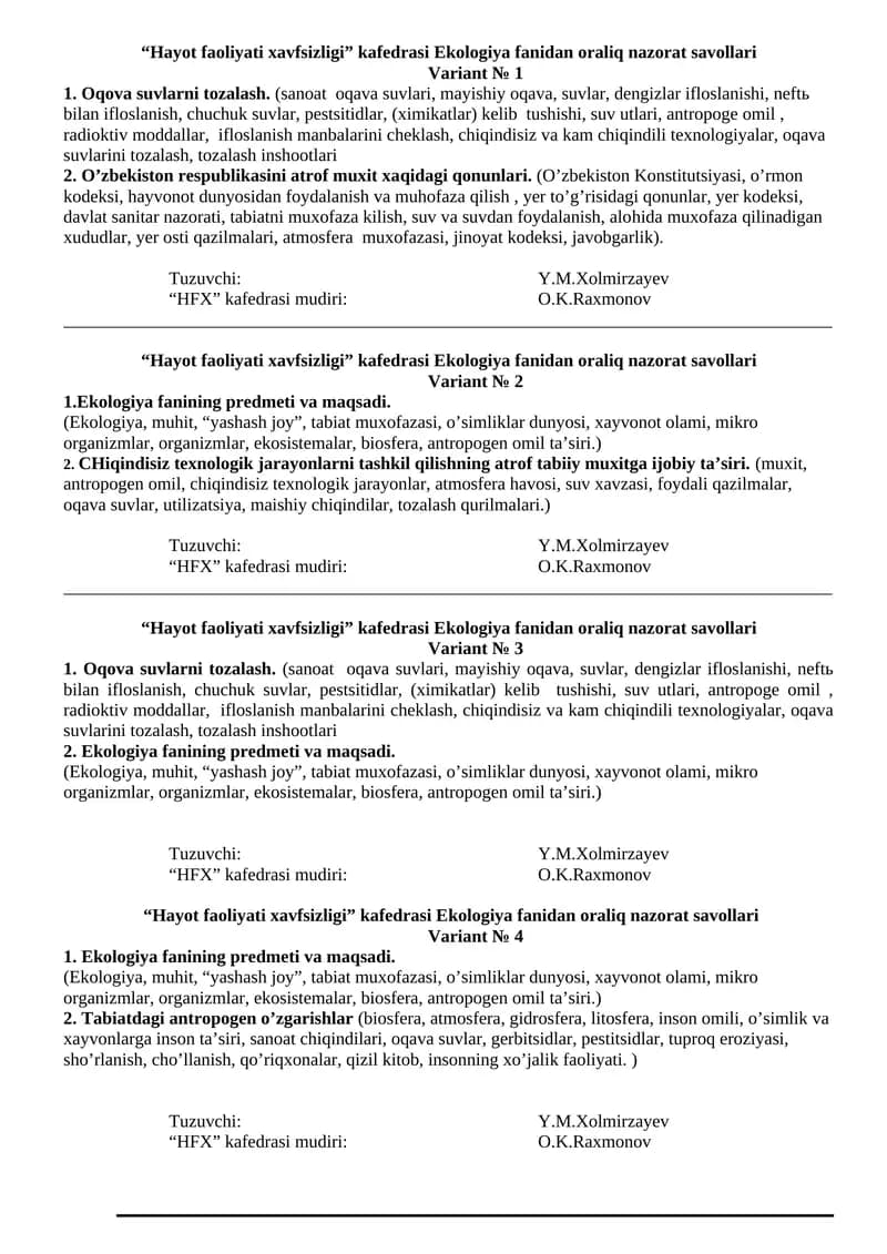 O’zbekiston Respublikasini atrof muxit xaqidagi qonunlari