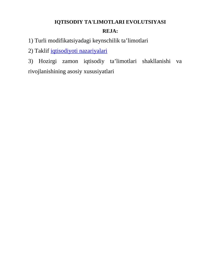 IQTISODIY TA'LIMOTLARI EVOLUTSIYASI