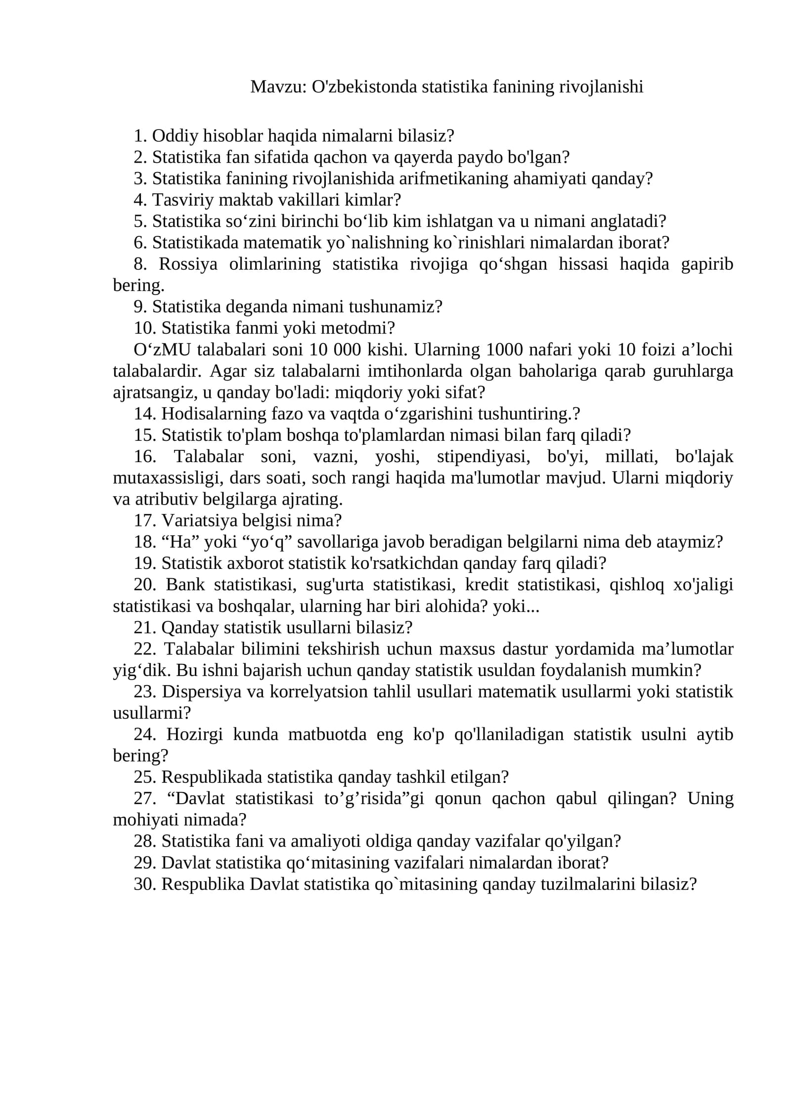 O'zbekistonda statistika fanining rivojlanishi