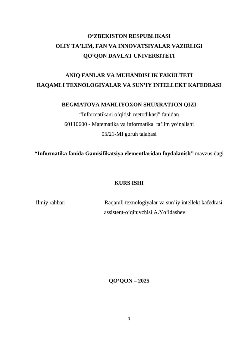 Informatika fanida Gamisifikatsiya elementlaridan foydalanish
