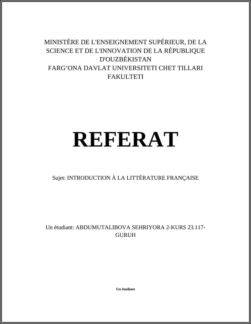 INTRODUCTION À LA LITTÉRATURE FRANÇAISE